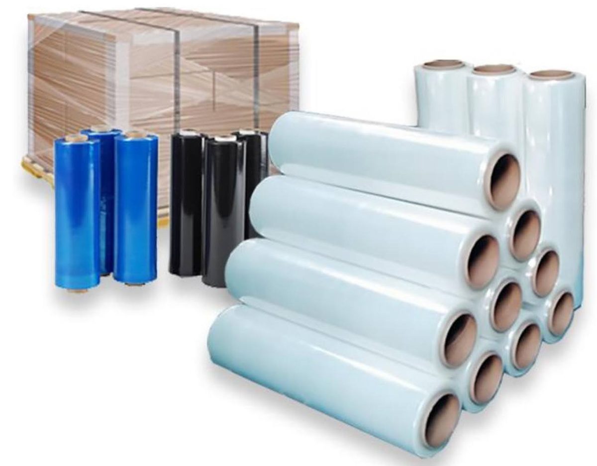 Màng PE quấn pallet trắng, xanh, đen và pallet đã quấn